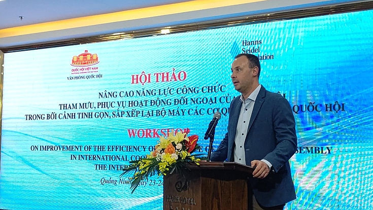 Mr. Michael Siegner, the Resident Representative of the Hanns Seidel Foundation in Vietnam, is opening the workshop