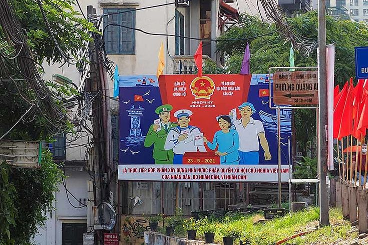 Propaganda posters, which can be found all over Vietnam, call on citizens to vote for the National Assembly and the People's Councils.