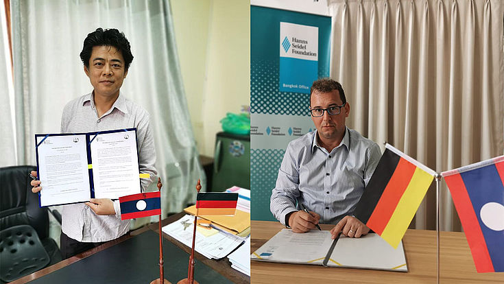 Mr. Ousavanh Thiengthepvongsa, the representative of NIER (left) and Dr. Axel Neubert, the Resident Representative of HSF (right), signed the agreement.