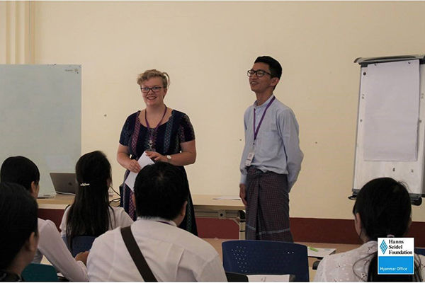 U Soe Lin Htoot and HSF Project Manager Henriette Kuehnl welcome the Social Media workshop participants