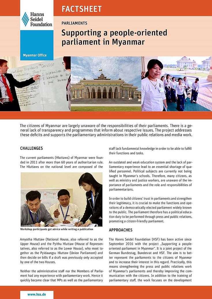 Factsheet cover showing the title: Supporting a people-oriented Parliament in Myanmar