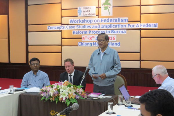 Nai Hanthar, Vice Chairman of the United Nationalities Federal Council (UNFC), opens the workshop.
