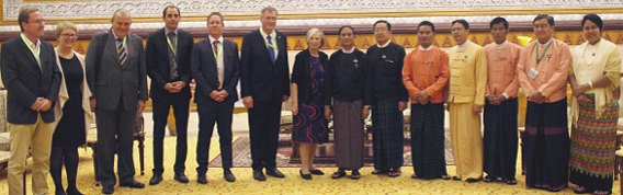 Mr. U Win Myint, speaker of the Pyithu Hluttaw, and MPs welcoming representatives of the Bundestag, Bundesrat and the Hanns-Seidel-Foundation