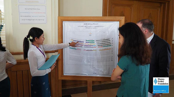 Member of the Visitor Service explaining the Seat Plan of the parliament